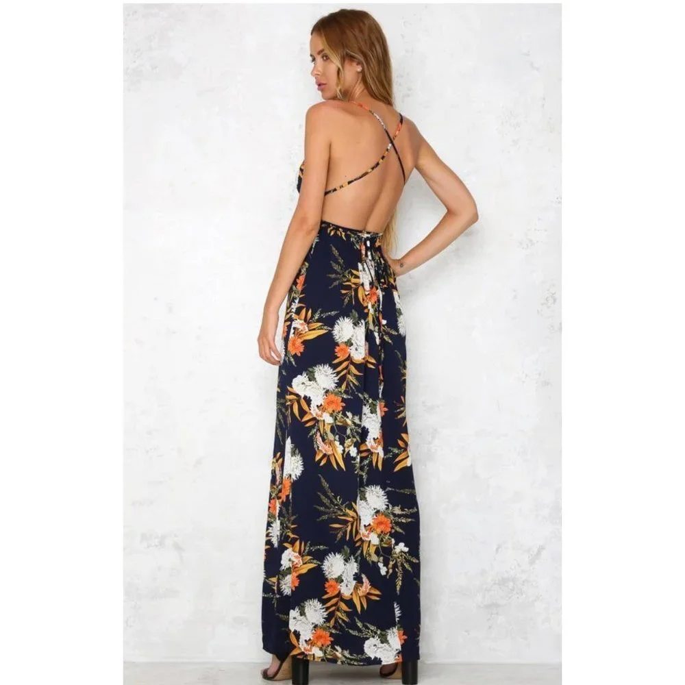 Simplee sienna sunset boho‎ maxi dress floral wrap , navy, Size S